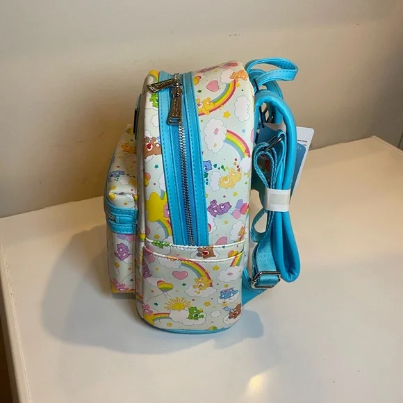 Loungefly Care Bears Mini Backpack NWT 40th Anniversary Blue Zip Rainbow Bag - Picture 9 of 11